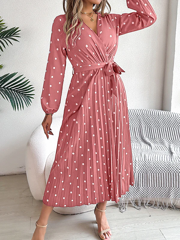 A-Line High Waisted Elasticity Pleated Polka-Dot Split-Joint Tied Waist V-Neck Midi Dresses Shirt Dress - Image 14