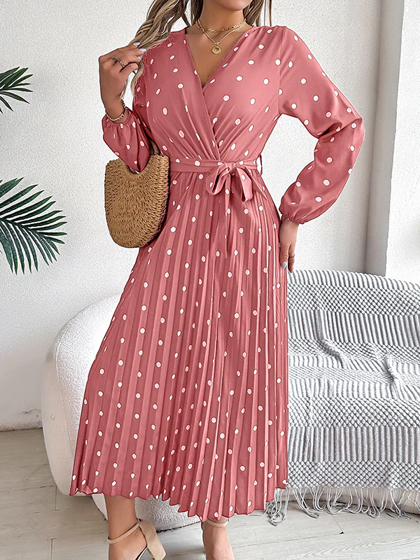 A-Line High Waisted Elasticity Pleated Polka-Dot Split-Joint Tied Waist V-Neck Midi Dresses Shirt Dress - Image 15