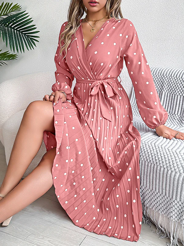 A-Line High Waisted Elasticity Pleated Polka-Dot Split-Joint Tied Waist V-Neck Midi Dresses Shirt Dress - Image 16