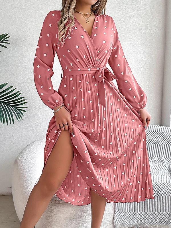 A-Line High Waisted Elasticity Pleated Polka-Dot Split-Joint Tied Waist V-Neck Midi Dresses Shirt Dress - Image 17