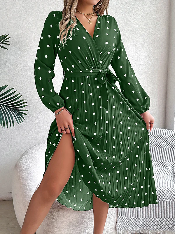 A-Line High Waisted Elasticity Pleated Polka-Dot Split-Joint Tied Waist V-Neck Midi Dresses Shirt Dress - Image 18