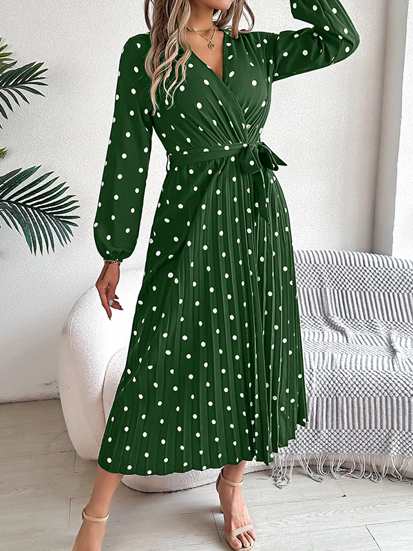 A-Line High Waisted Elasticity Pleated Polka-Dot Split-Joint Tied Waist V-Neck Midi Dresses Shirt Dress - Image 19