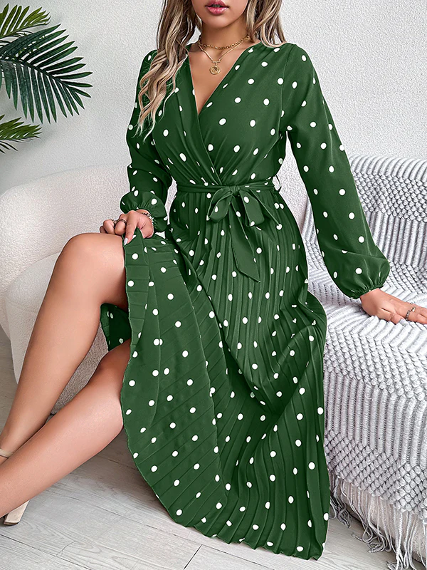 A-Line High Waisted Elasticity Pleated Polka-Dot Split-Joint Tied Waist V-Neck Midi Dresses Shirt Dress - Image 21