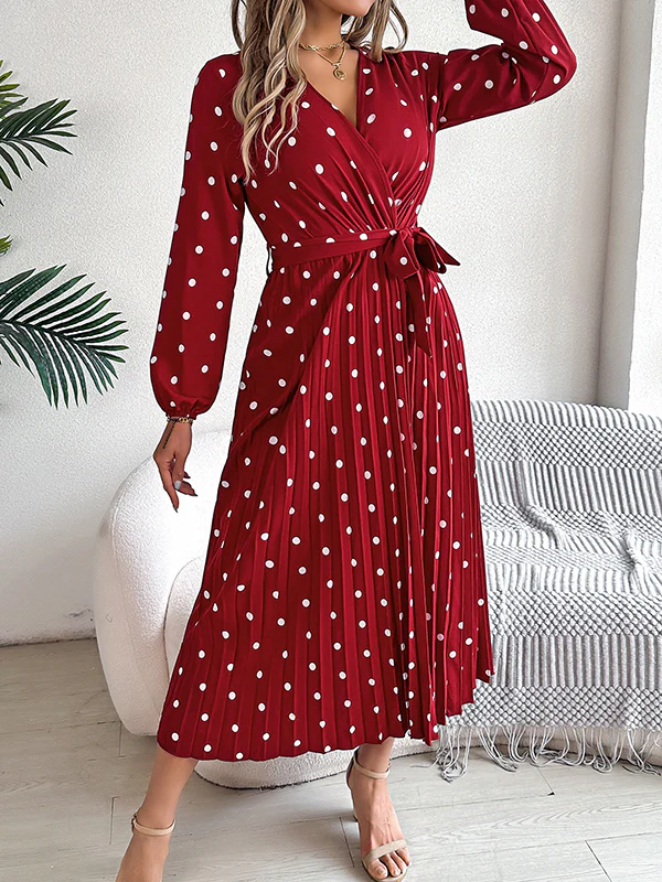 A-Line High Waisted Elasticity Pleated Polka-Dot Split-Joint Tied Waist V-Neck Midi Dresses Shirt Dress - Image 23