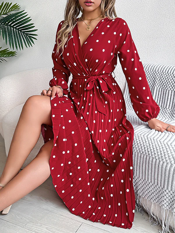 A-Line High Waisted Elasticity Pleated Polka-Dot Split-Joint Tied Waist V-Neck Midi Dresses Shirt Dress - Image 24