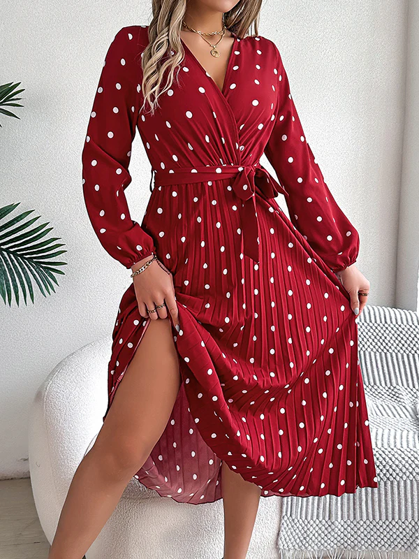 A-Line High Waisted Elasticity Pleated Polka-Dot Split-Joint Tied Waist V-Neck Midi Dresses Shirt Dress - Image 25