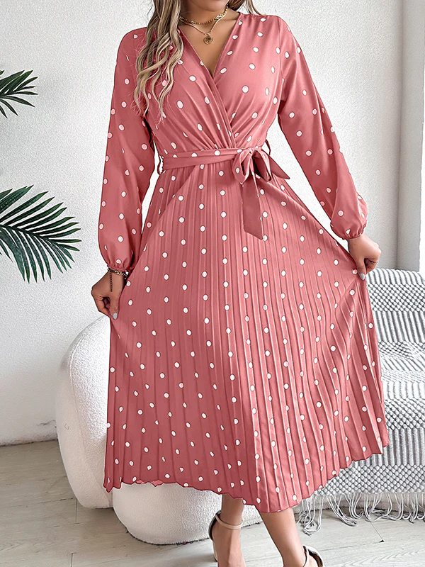 A-Line High Waisted Elasticity Pleated Polka-Dot Split-Joint Tied Waist V-Neck Midi Dresses Shirt Dress - Image 4