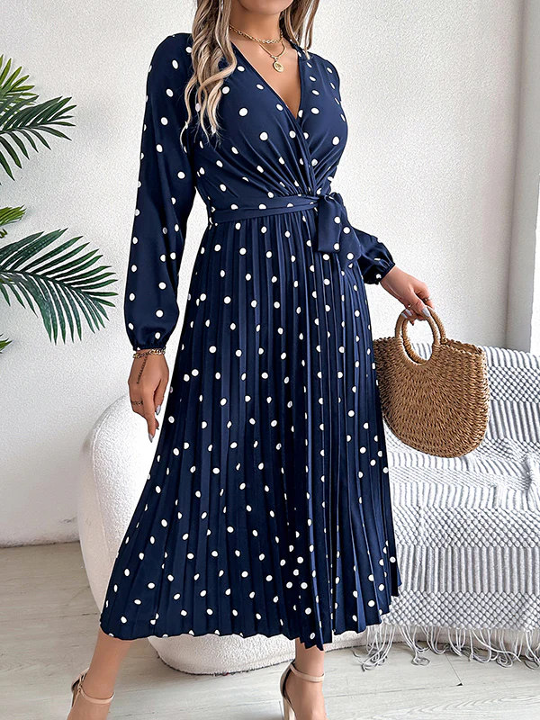 A-Line High Waisted Elasticity Pleated Polka-Dot Split-Joint Tied Waist V-Neck Midi Dresses Shirt Dress - Image 5