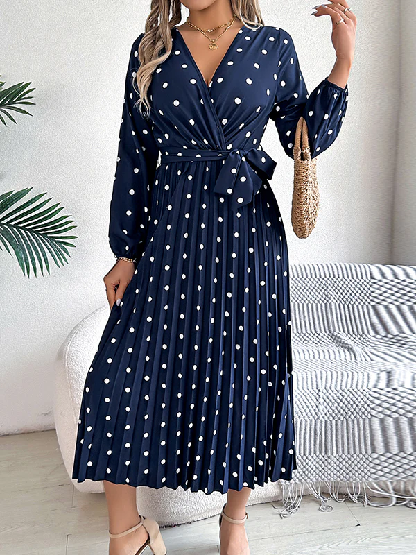 A-Line High Waisted Elasticity Pleated Polka-Dot Split-Joint Tied Waist V-Neck Midi Dresses Shirt Dress - Image 6