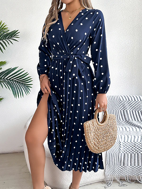 A-Line High Waisted Elasticity Pleated Polka-Dot Split-Joint Tied Waist V-Neck Midi Dresses Shirt Dress - Image 7