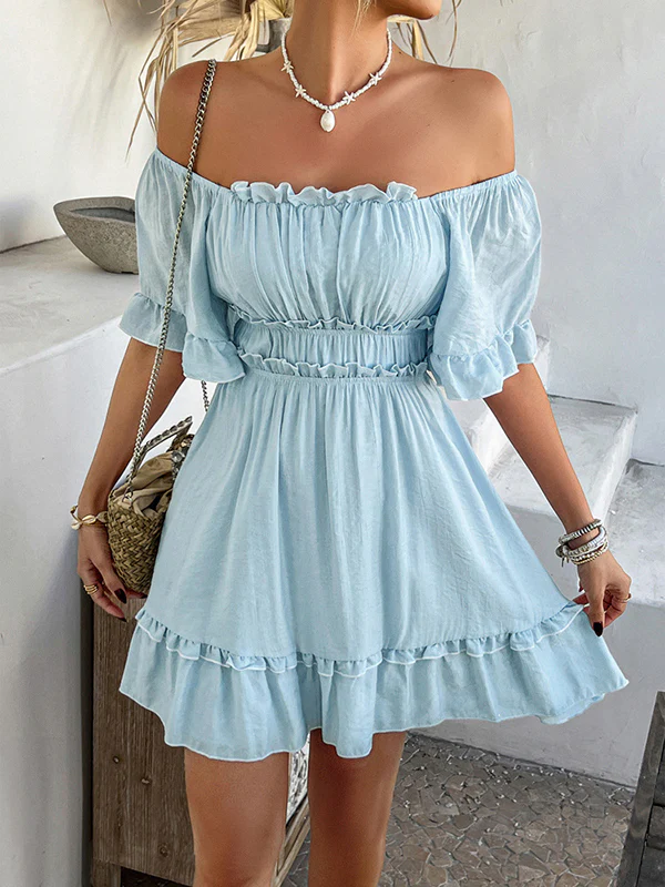 A-line High Waisted Elasticity Pleated Ruffle Trim Solid Color Square-neck Mini Dresses - Image 12