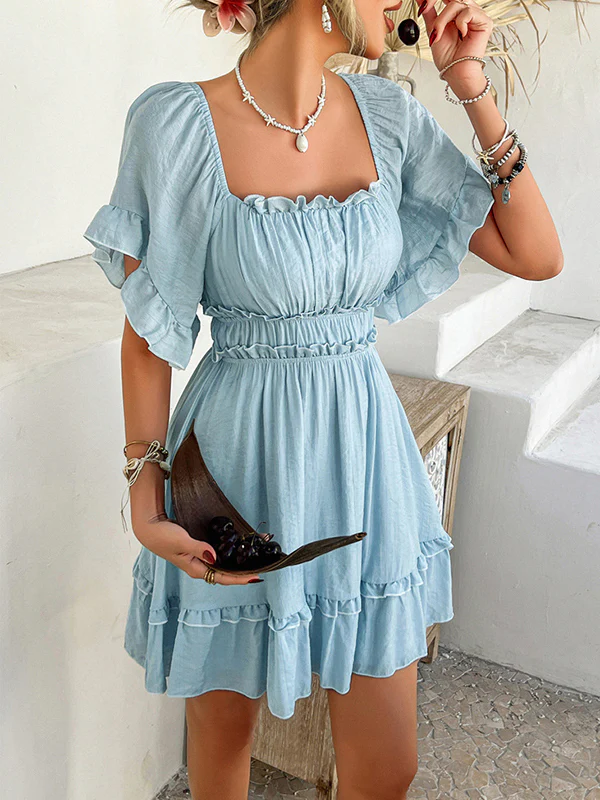A-line High Waisted Elasticity Pleated Ruffle Trim Solid Color Square-neck Mini Dresses - Image 13