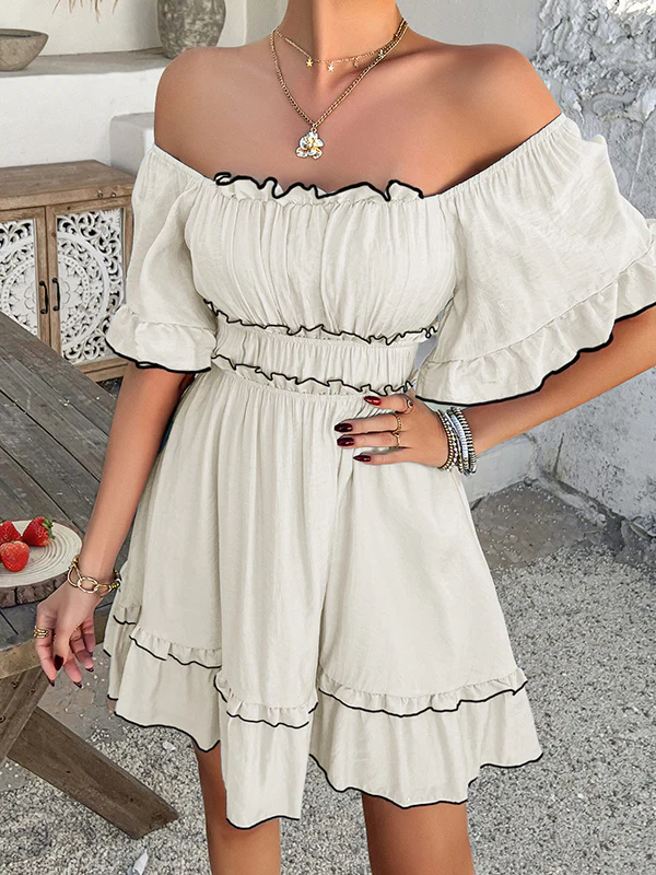 A-line High Waisted Elasticity Pleated Ruffle Trim Solid Color Square-neck Mini Dresses - Image 14