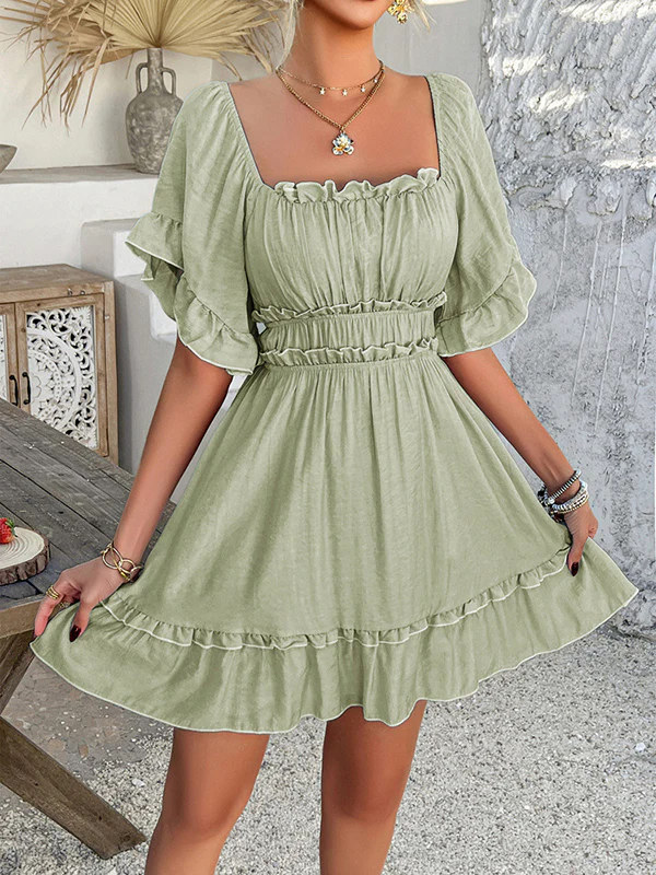 A-line High Waisted Elasticity Pleated Ruffle Trim Solid Color Square-neck Mini Dresses - Image 2