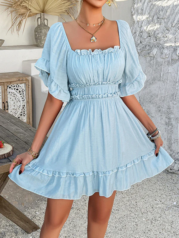 A-line High Waisted Elasticity Pleated Ruffle Trim Solid Color Square-neck Mini Dresses - Image 3