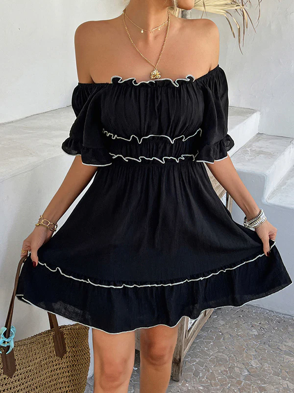 A-line High Waisted Elasticity Pleated Ruffle Trim Solid Color Square-neck Mini Dresses - Image 4