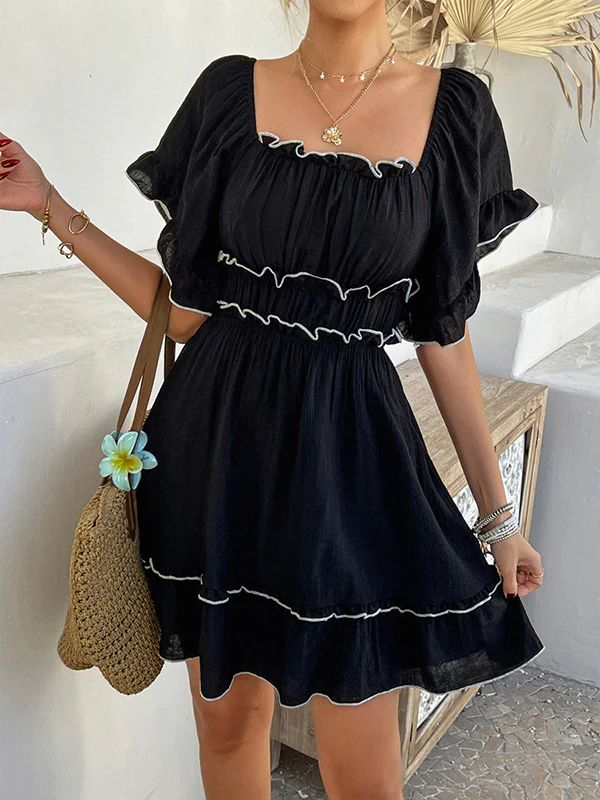 A-line High Waisted Elasticity Pleated Ruffle Trim Solid Color Square-neck Mini Dresses - Image 6
