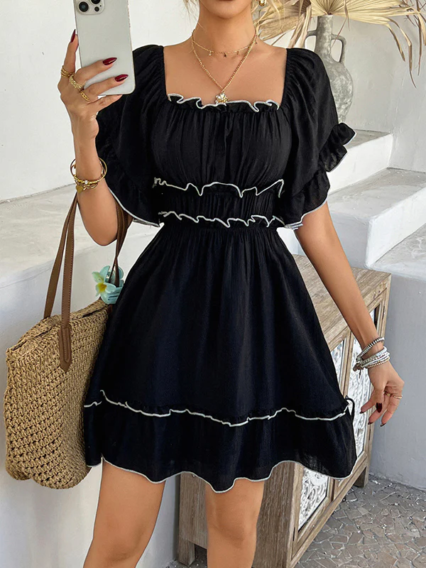 A-line High Waisted Elasticity Pleated Ruffle Trim Solid Color Square-neck Mini Dresses - Image 7