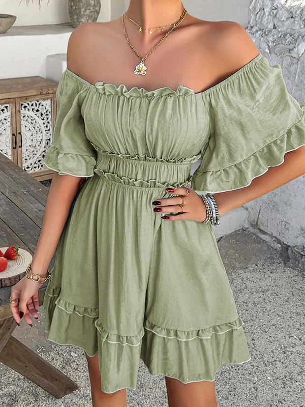 A-line High Waisted Elasticity Pleated Ruffle Trim Solid Color Square-neck Mini Dresses - Image 8