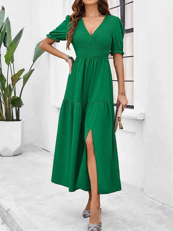 A-Line High Waisted Elasticity Pleated Solid Color Split-Joint V-Neck Midi Dresses - Image 2
