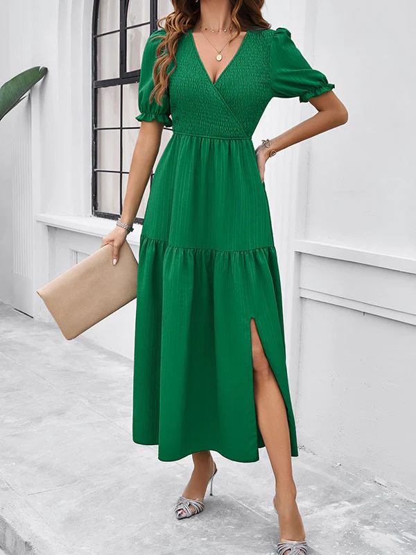A-Line High Waisted Elasticity Pleated Solid Color Split-Joint V-Neck Midi Dresses - Image 3