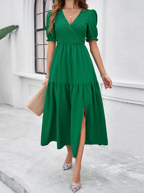 A-Line High Waisted Elasticity Pleated Solid Color Split-Joint V-Neck Midi Dresses - Image 4