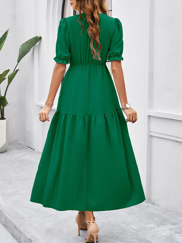 A-Line High Waisted Elasticity Pleated Solid Color Split-Joint V-Neck Midi Dresses - Image 5