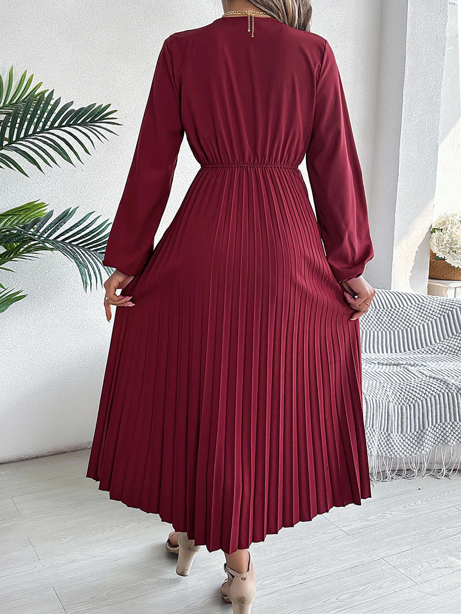 A-Line High Waisted Elasticity Pleated Solid Color V-Neck Maxi Dresses - Image 10
