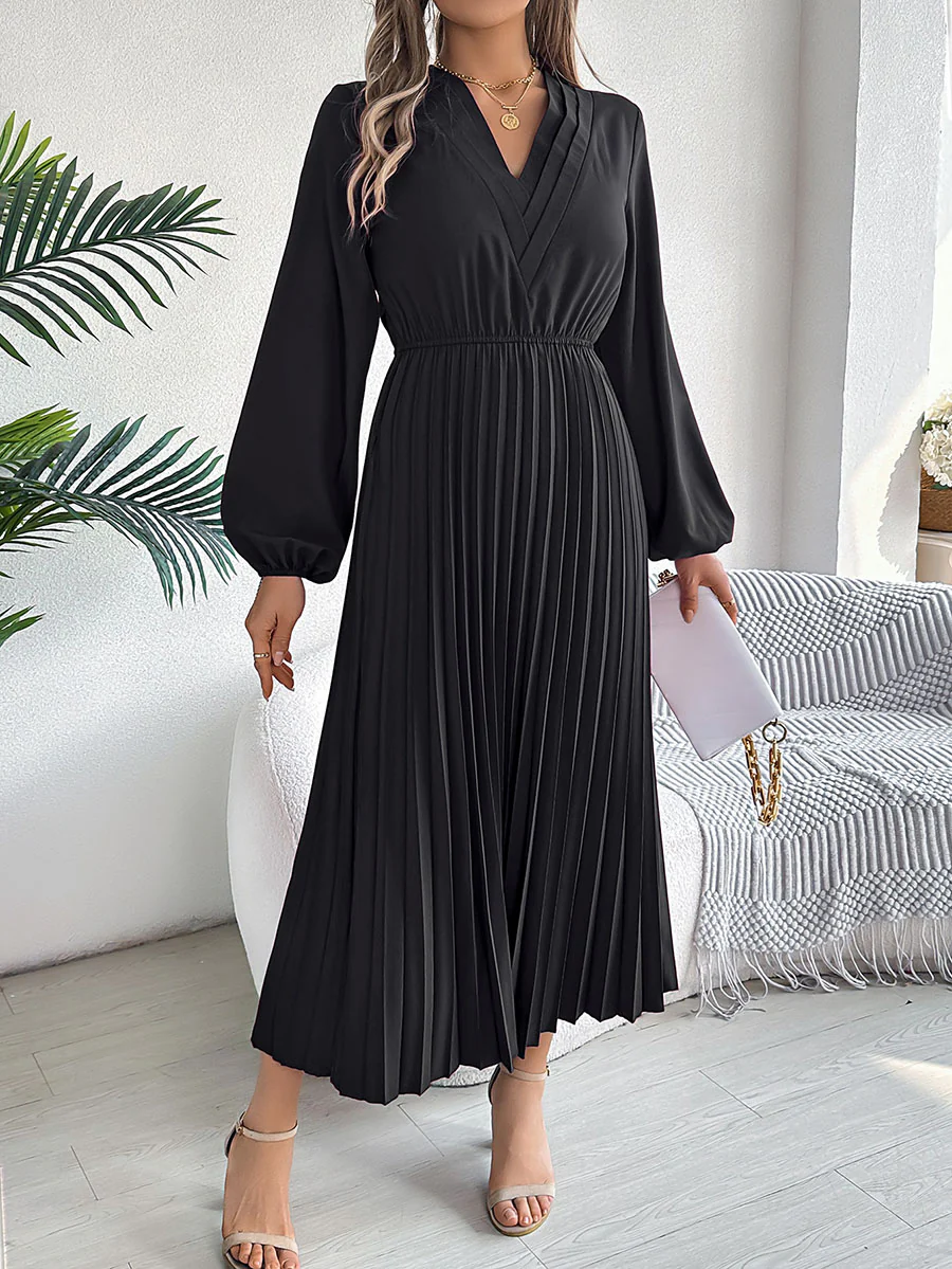 A-Line High Waisted Elasticity Pleated Solid Color V-Neck Maxi Dresses - Image 11