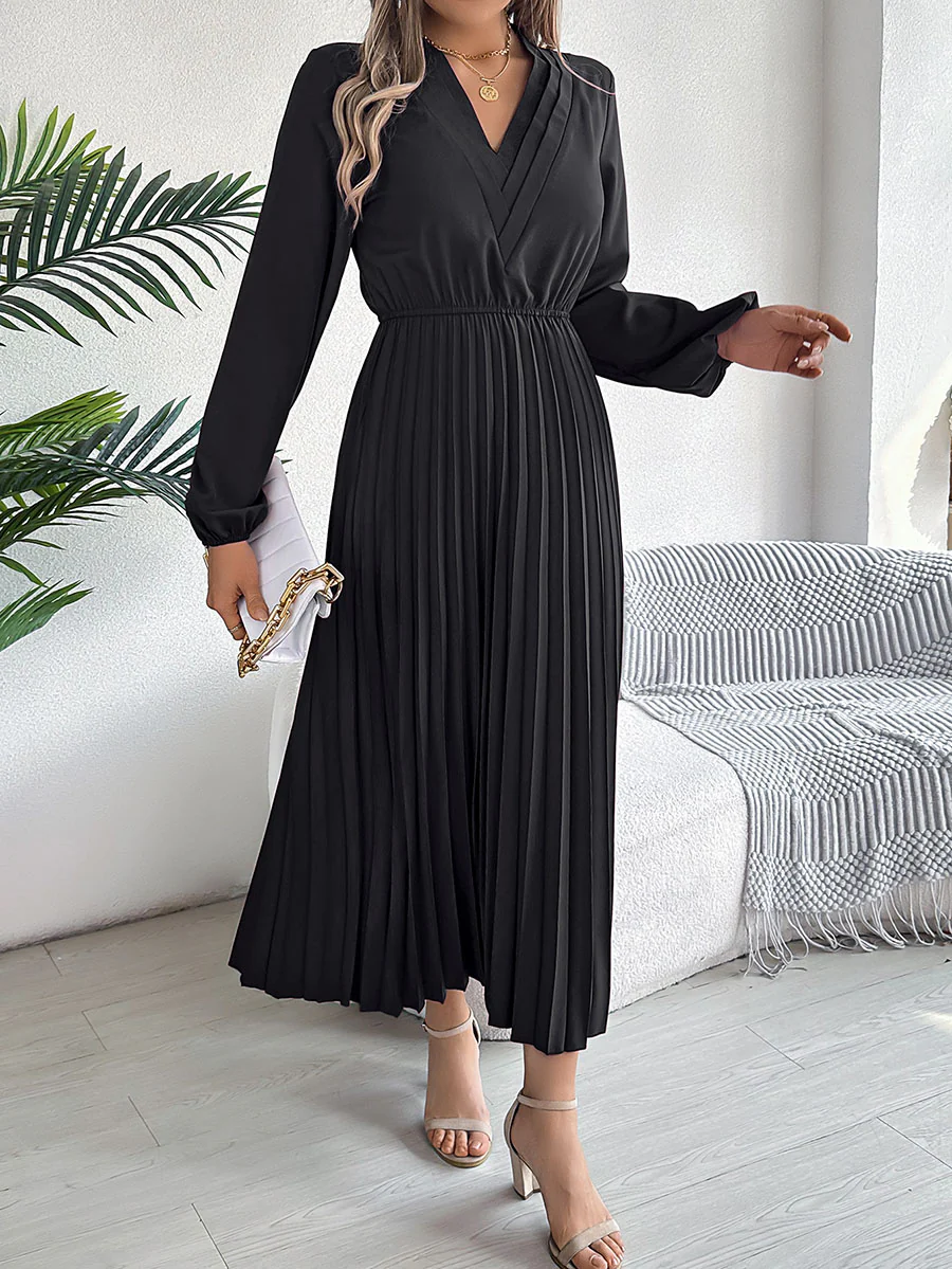 A-Line High Waisted Elasticity Pleated Solid Color V-Neck Maxi Dresses - Image 12