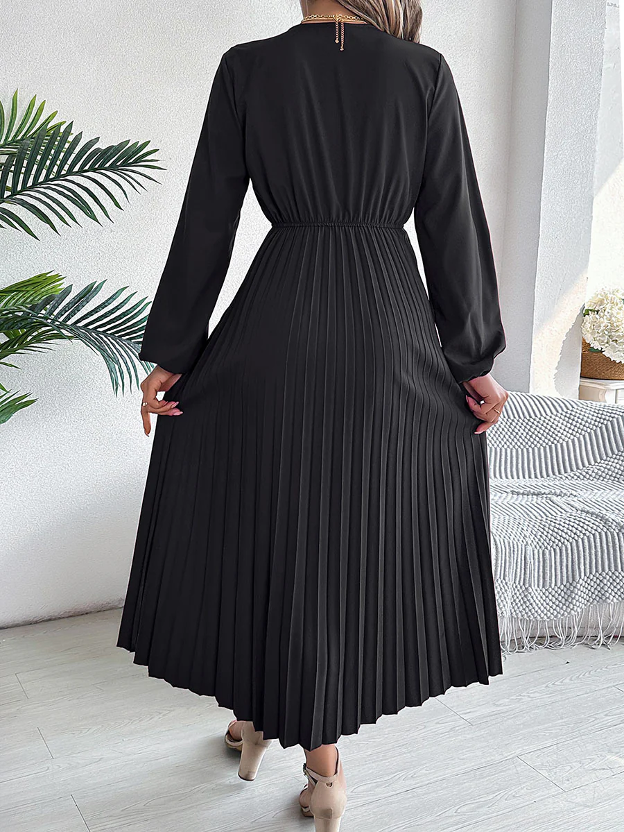 A-Line High Waisted Elasticity Pleated Solid Color V-Neck Maxi Dresses - Image 13