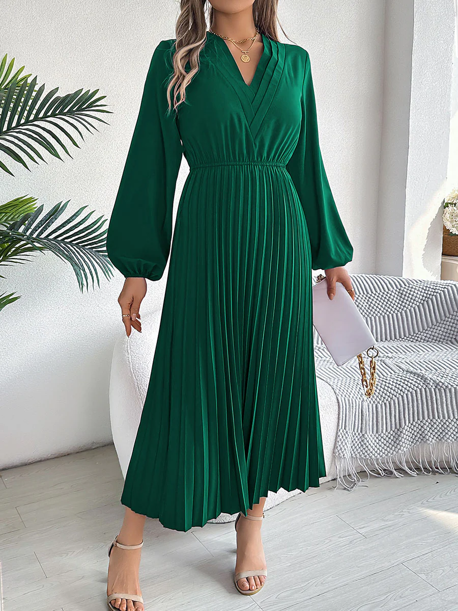 A-Line High Waisted Elasticity Pleated Solid Color V-Neck Maxi Dresses - Image 14