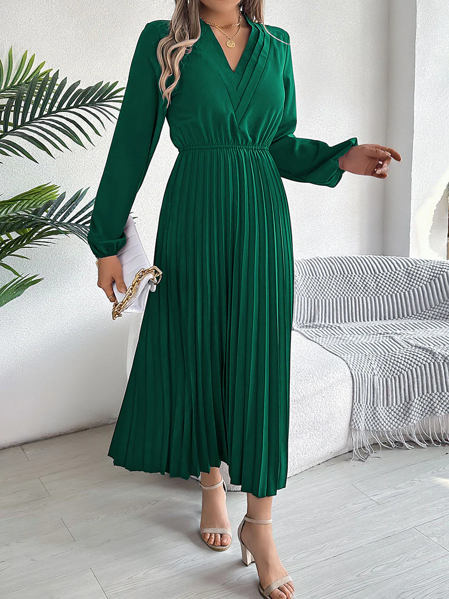 A-Line High Waisted Elasticity Pleated Solid Color V-Neck Maxi Dresses - Image 15