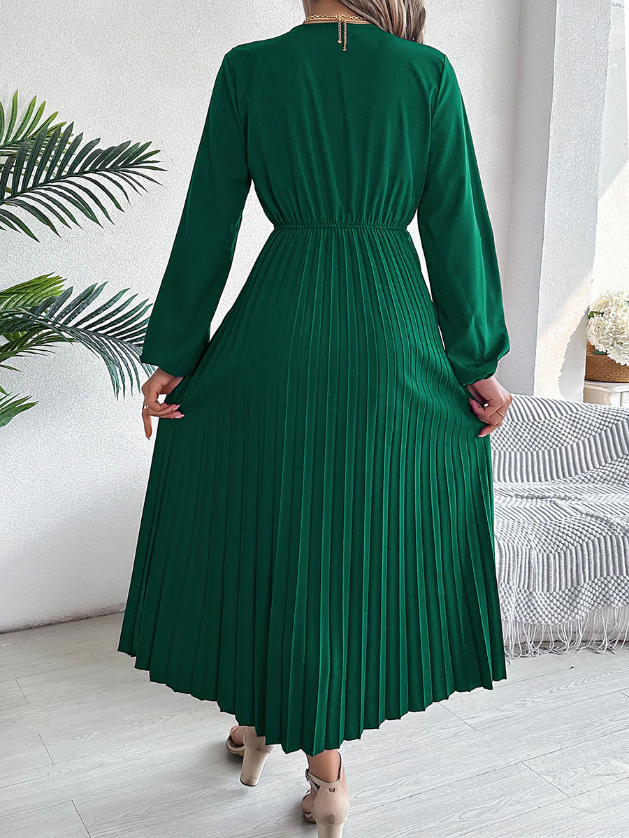 A-Line High Waisted Elasticity Pleated Solid Color V-Neck Maxi Dresses - Image 16