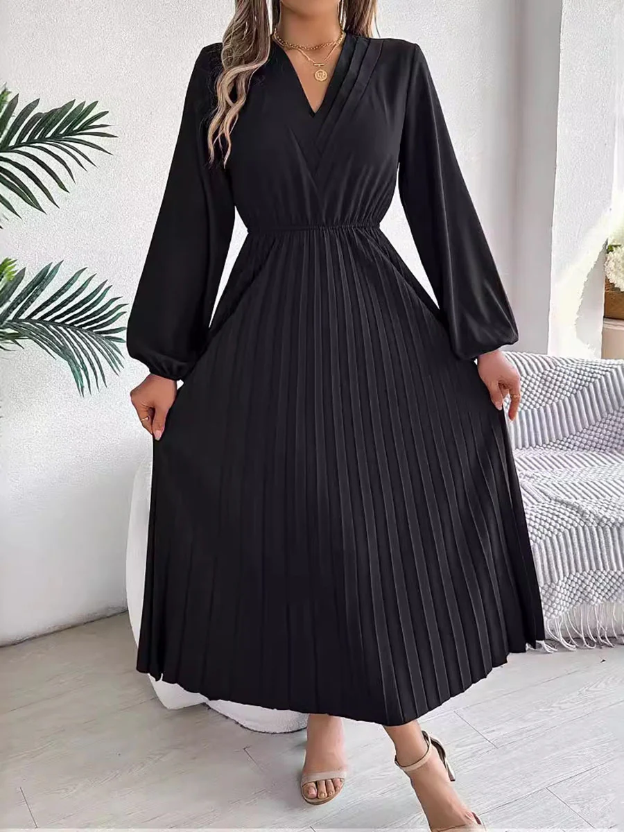 A-Line High Waisted Elasticity Pleated Solid Color V-Neck Maxi Dresses - Image 2
