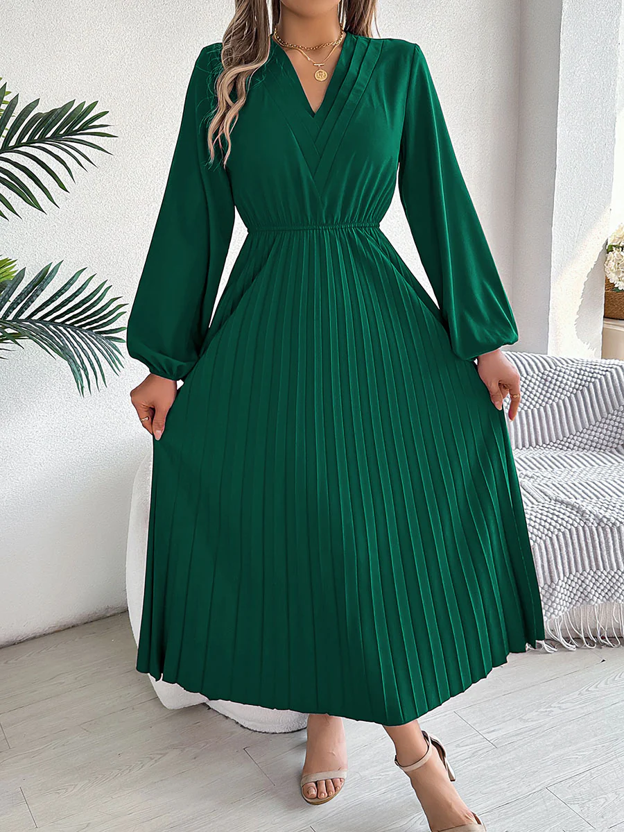 A-Line High Waisted Elasticity Pleated Solid Color V-Neck Maxi Dresses - Image 3