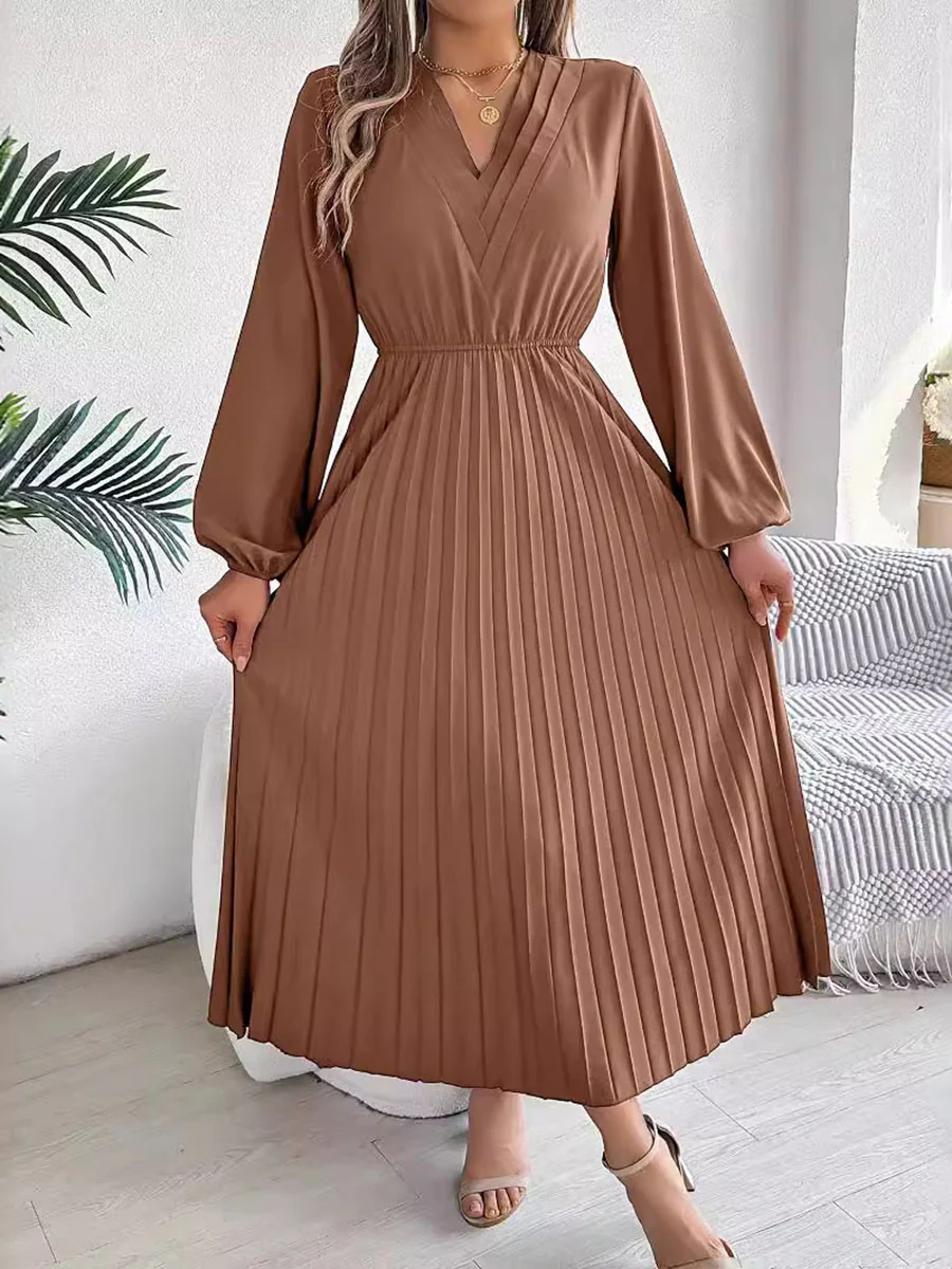 A-Line High Waisted Elasticity Pleated Solid Color V-Neck Maxi Dresses - Image 4