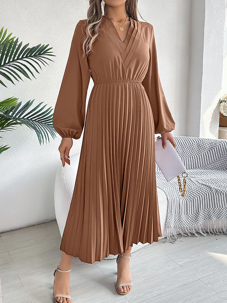 A-Line High Waisted Elasticity Pleated Solid Color V-Neck Maxi Dresses - Image 5