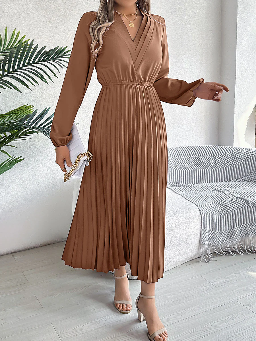 A-Line High Waisted Elasticity Pleated Solid Color V-Neck Maxi Dresses - Image 6