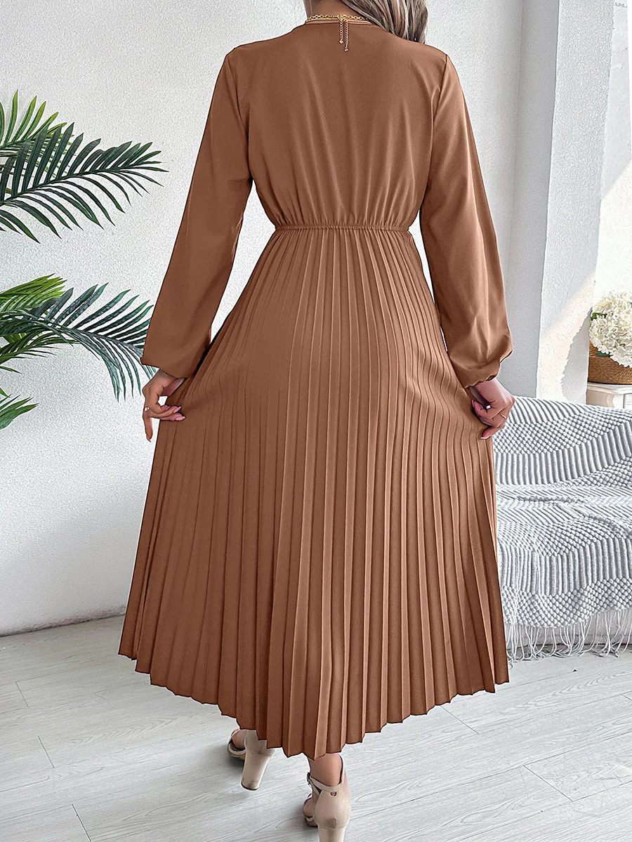 A-Line High Waisted Elasticity Pleated Solid Color V-Neck Maxi Dresses - Image 7