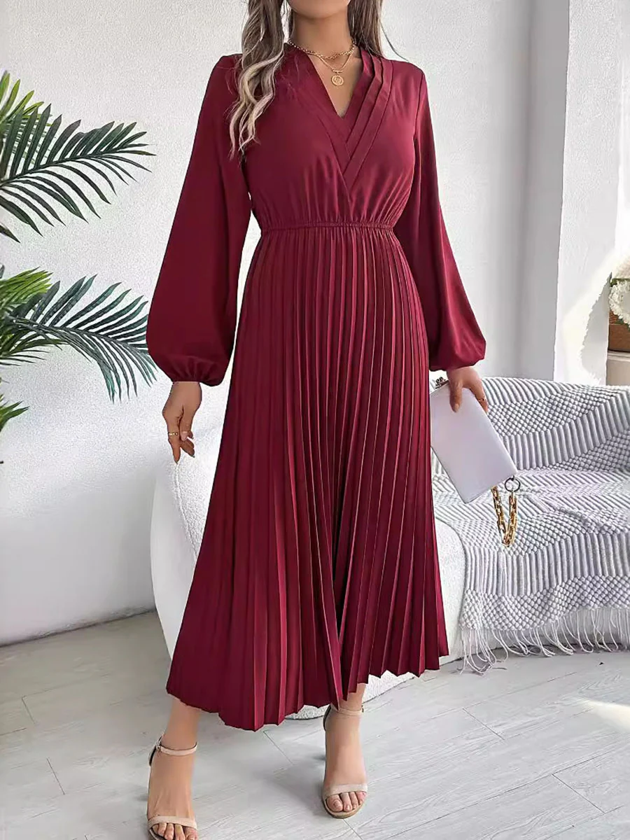 A-Line High Waisted Elasticity Pleated Solid Color V-Neck Maxi Dresses - Image 8