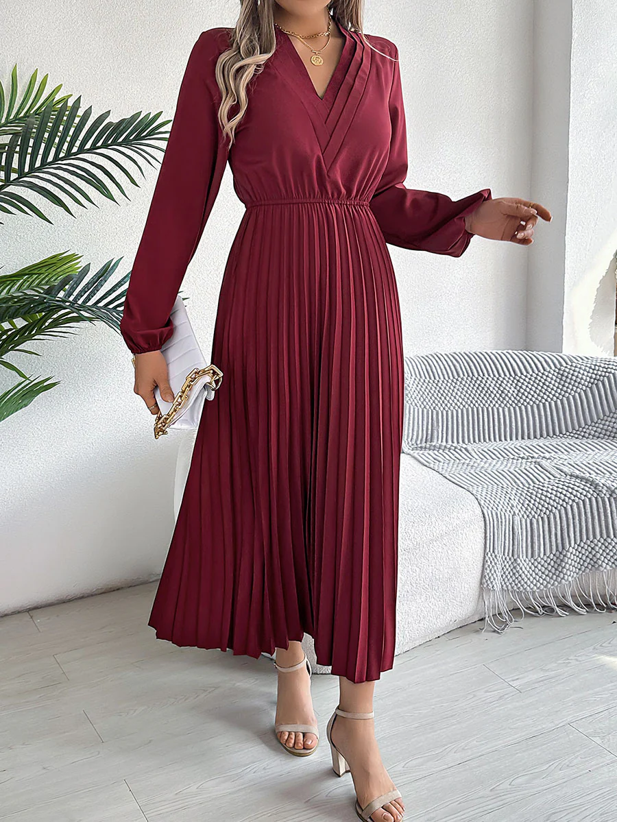 A-Line High Waisted Elasticity Pleated Solid Color V-Neck Maxi Dresses - Image 9