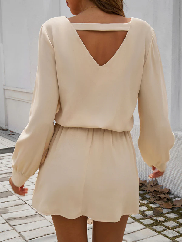 A-Line High Waisted Elasticity Pleated Solid Color V-Neck Mini Dresses - Image 11