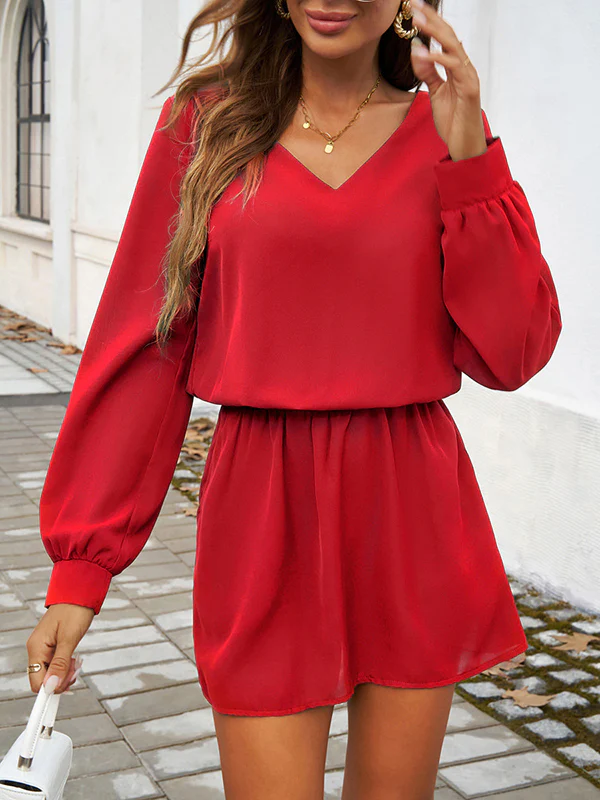 A-Line High Waisted Elasticity Pleated Solid Color V-Neck Mini Dresses - Image 13