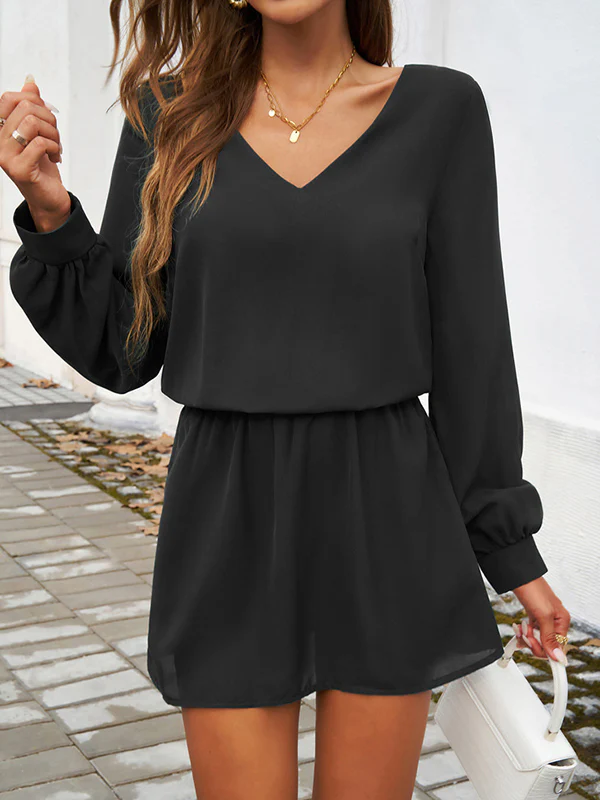 A-Line High Waisted Elasticity Pleated Solid Color V-Neck Mini Dresses - Image 14
