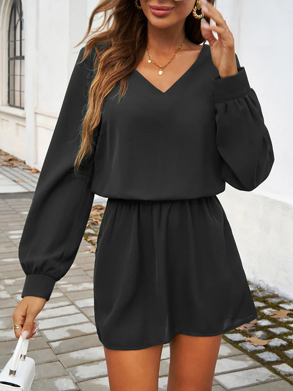 A-Line High Waisted Elasticity Pleated Solid Color V-Neck Mini Dresses - Image 15