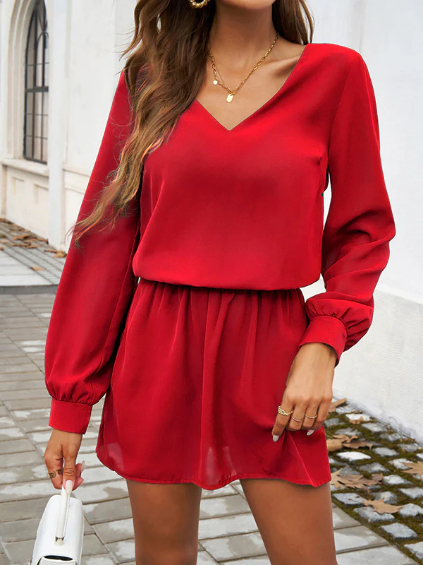 A-Line High Waisted Elasticity Pleated Solid Color V-Neck Mini Dresses - Image 3