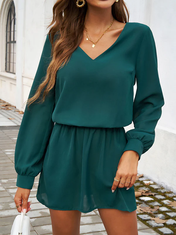 A-Line High Waisted Elasticity Pleated Solid Color V-Neck Mini Dresses - Image 4