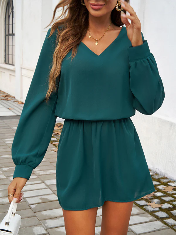 A-Line High Waisted Elasticity Pleated Solid Color V-Neck Mini Dresses - Image 5