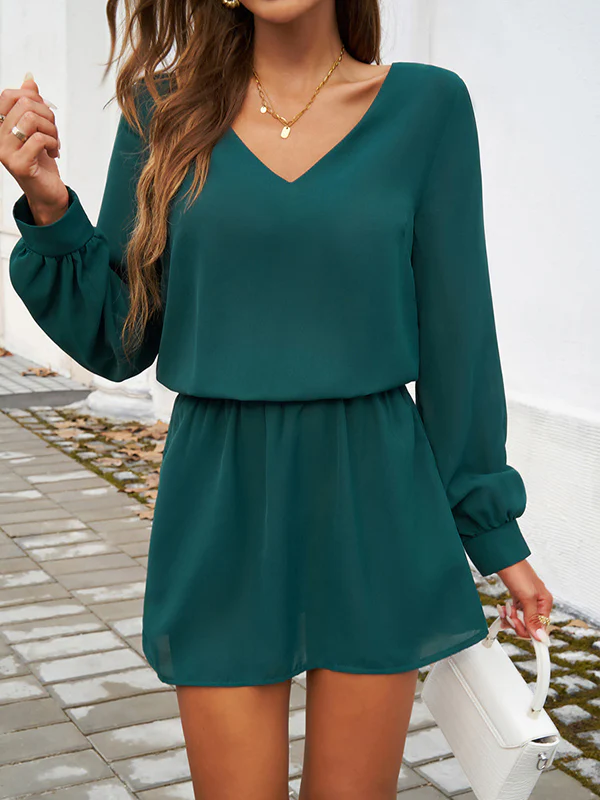 A-Line High Waisted Elasticity Pleated Solid Color V-Neck Mini Dresses - Image 6